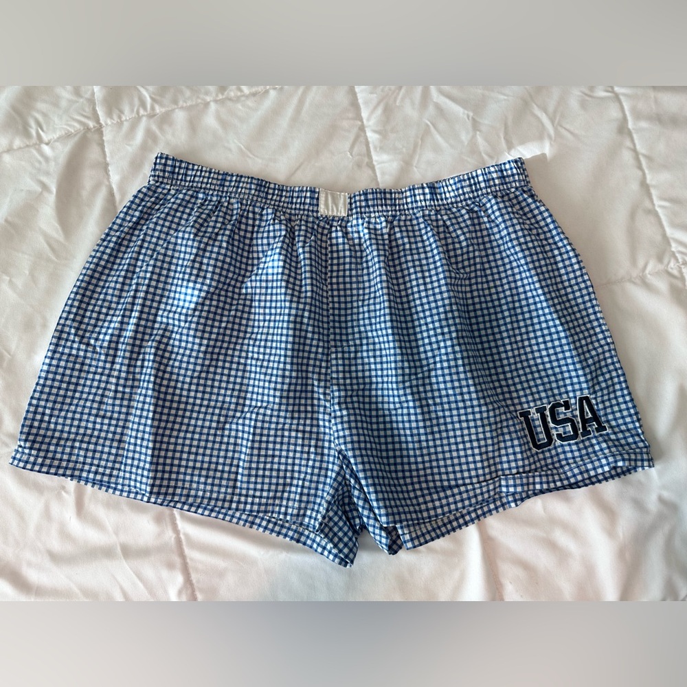 Blue Check Boxy Shorts with USA Patch